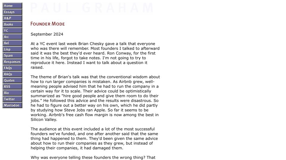 Screenshot of paulgraham.com: Founder Mode