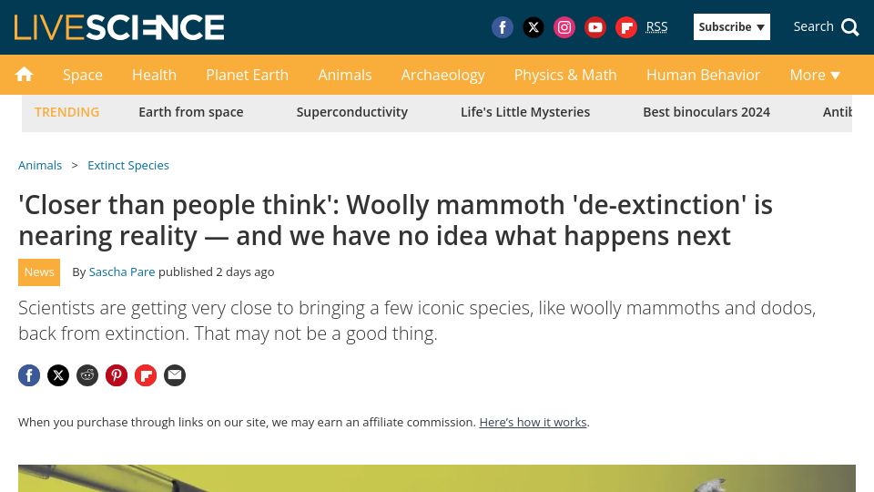 Screenshot of livescience.com: Woolly mammoth 'de-extinction' is nearing reality