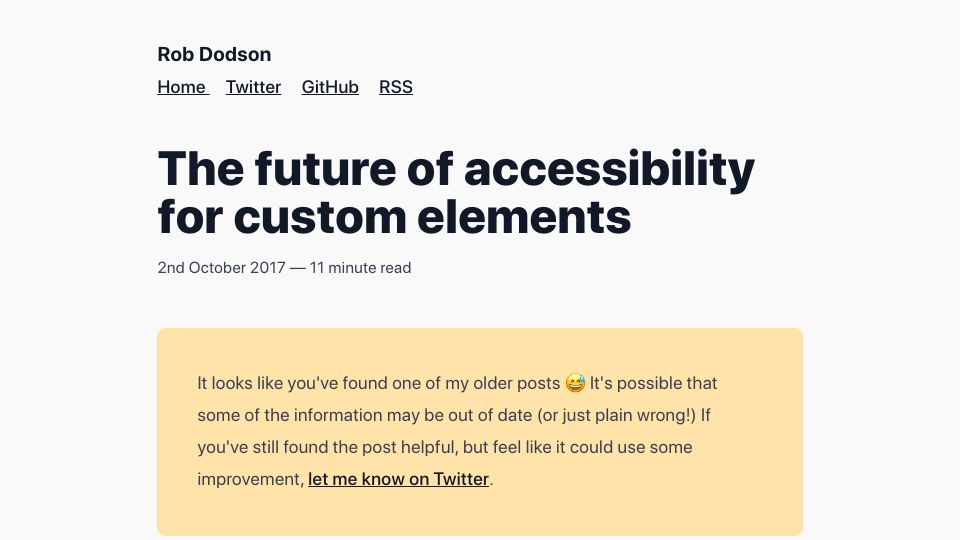 Screenshot of robdodson.me: A better HTML input experience (custom elements and the AOM) (2017)