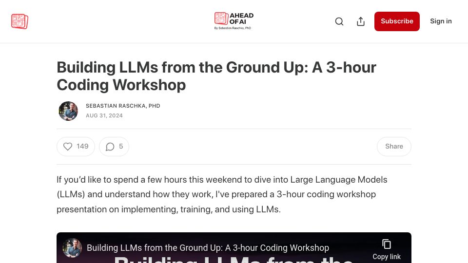 Screenshot of magazine.sebastianraschka.com: Building LLMs from the Ground Up: A 3-Hour Coding Workshop
