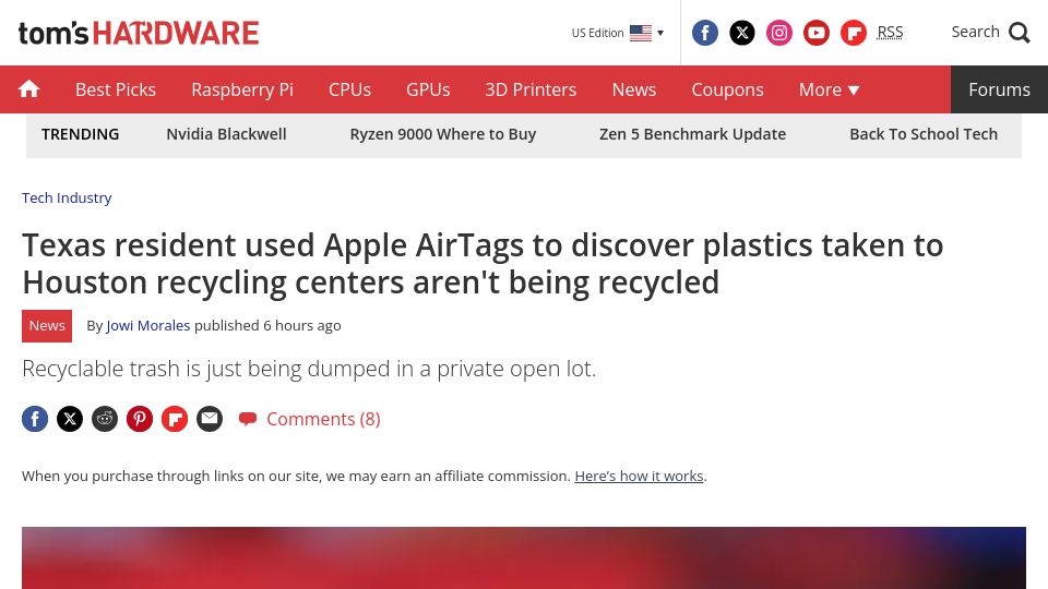 Screenshot of tomshardware.com: Texan used Apple AirTags to discover plastics in Houston aren't being recycled
