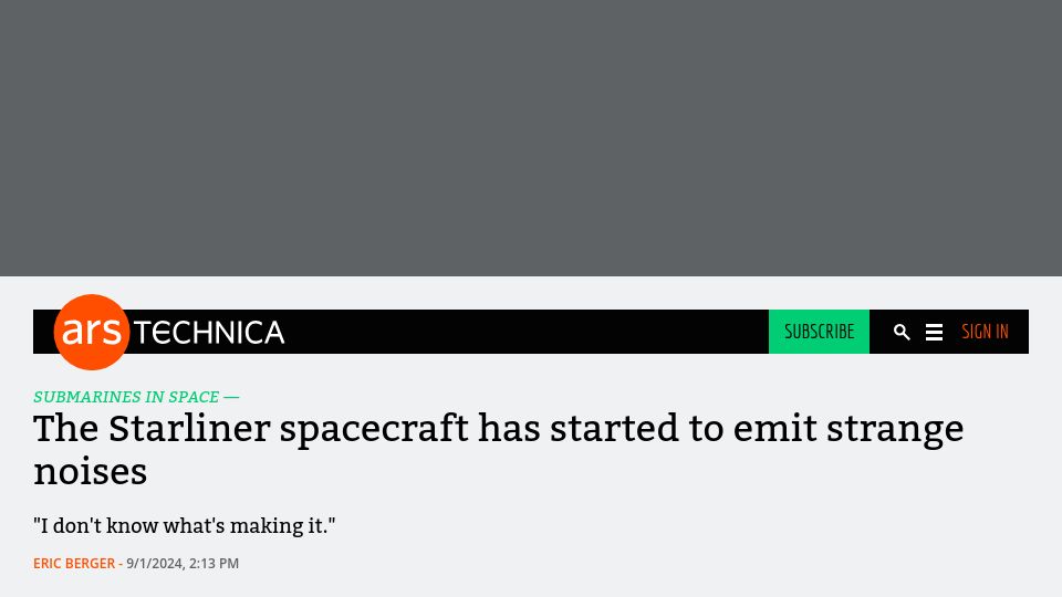 Screenshot of arstechnica.com: The Starliner spacecraft has started to emit noises