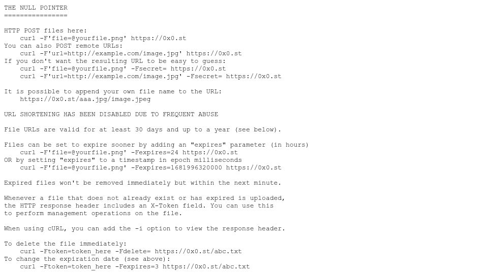 Screenshot of 0x0.st: The Null Pointer