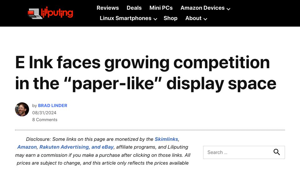 Screenshot of liliputing.com: E Ink faces growing competition in the "paper-like" display space