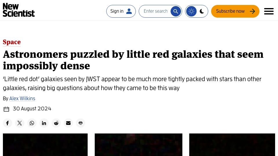 Screenshot of newscientist.com: Astronomers puzzled by little red galaxies that seem impossibly dense