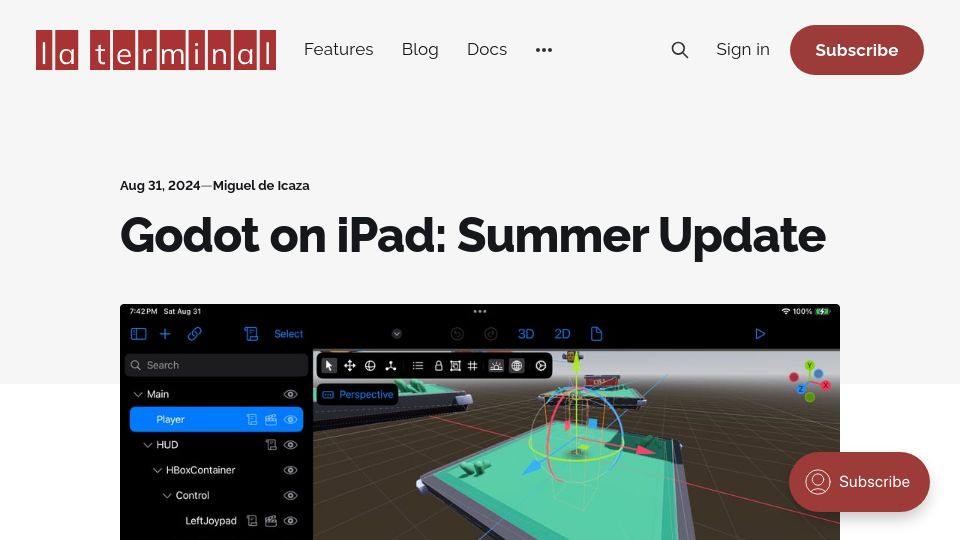 Screenshot of blog.la-terminal.net: Godot on iPad, Toolbars, Importers, Embedding, Debugger