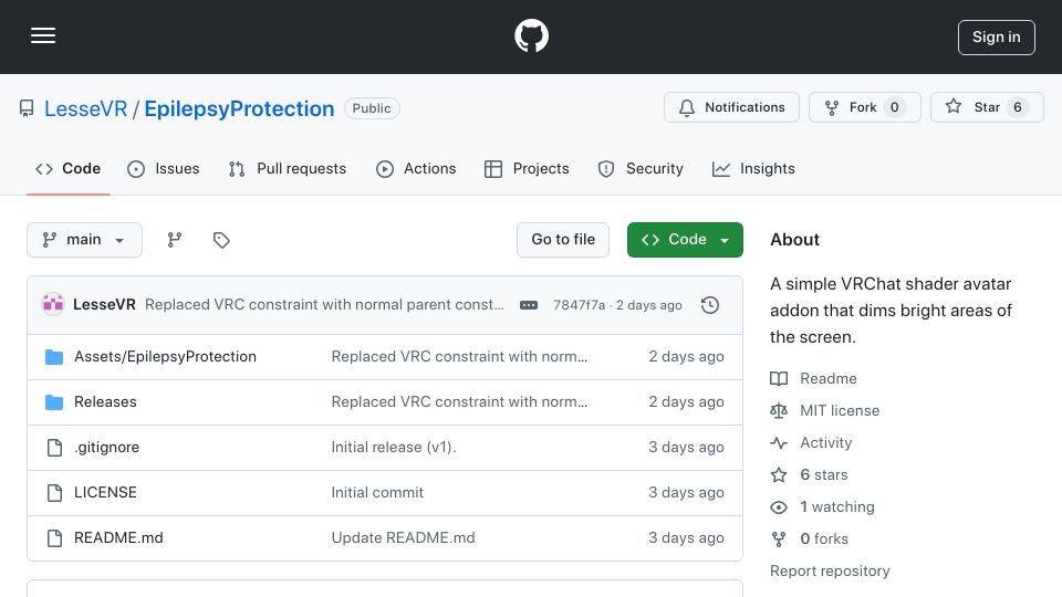 Screenshot of github.com: Epilepsy Protection for VRChat
