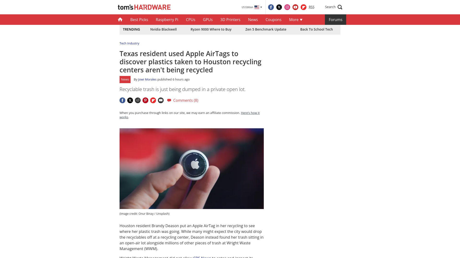Screenshot of tomshardware.com: Texan used Apple AirTags to discover plastics in Houston aren't being recycled