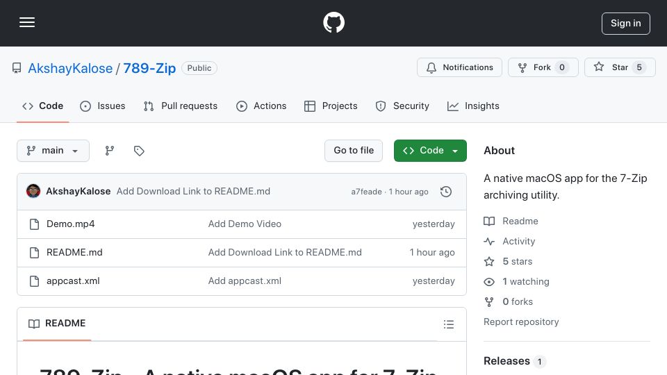 Screenshot of github.com: Show HN: 789-Zip – A native macOS app for 7-Zip