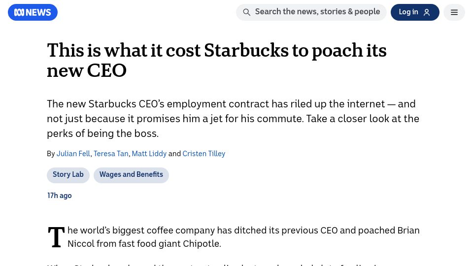 Screenshot of abc.net.au: Take a closer look at Starbucks CEO's contract, which covers his commute by jet