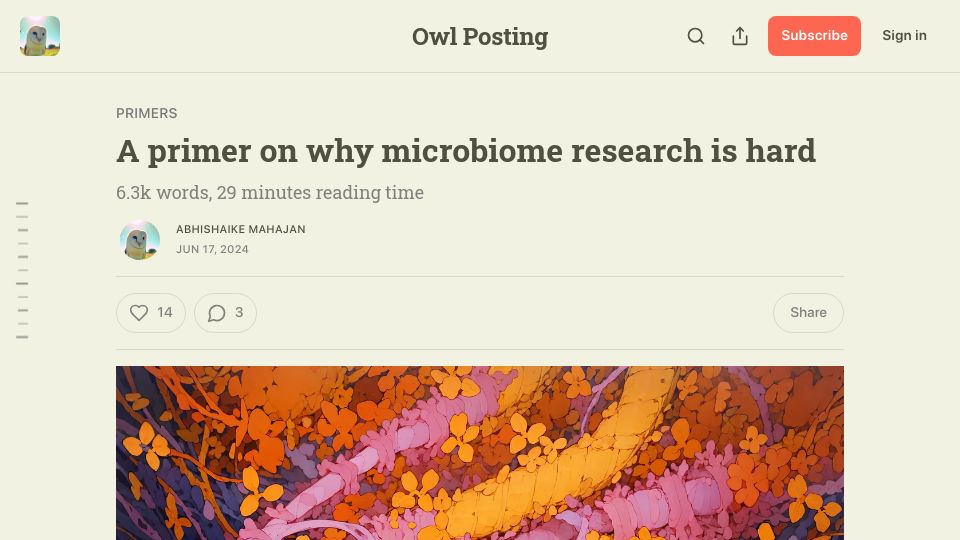 Screenshot of owlposting.com: A primer on why microbiome research is hard