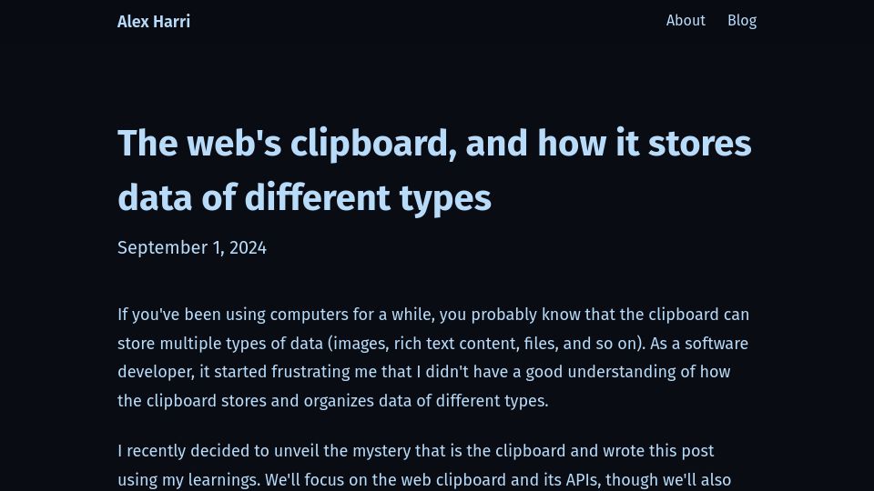 Screenshot of alexharri.com: The web's clipboard, and how it stores data of different types