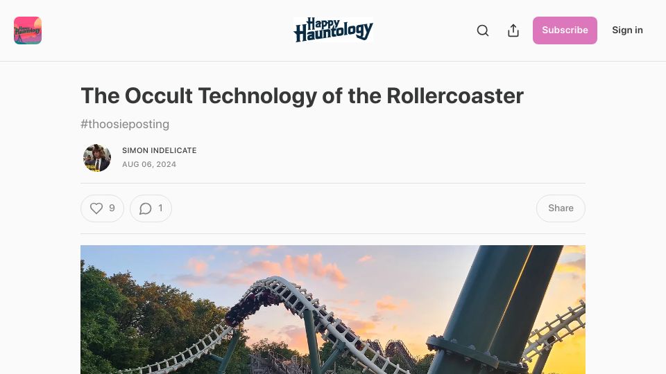 Screenshot of simonindelicate.substack.com: The occult technology of the rollercoaster