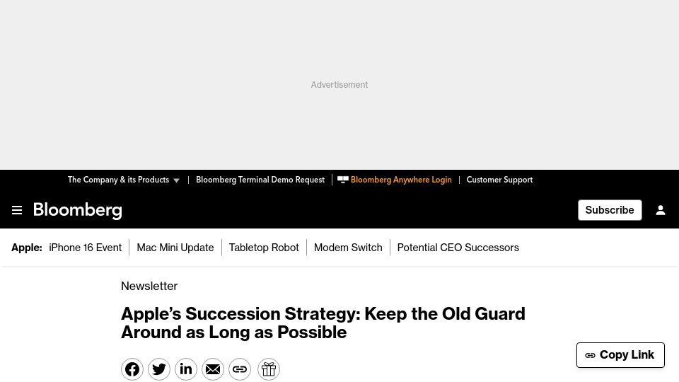 Screenshot of bloomberg.com: Apple Succession Strategy: Keep the Old Guard Around as Long as Possible