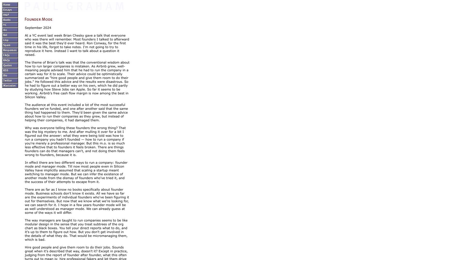 Screenshot of paulgraham.com: Founder Mode