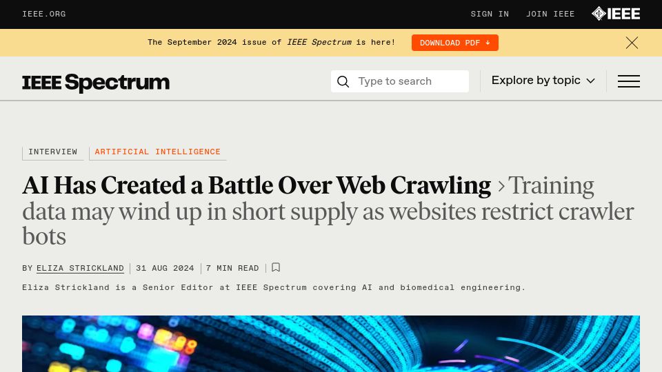 Screenshot of spectrum.ieee.org: AI Has Created a Battle over Web Crawling