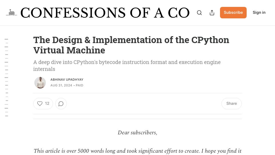 Screenshot of blog.codingconfessions.com: The Design and Implementation of the CPython Virtual Machine