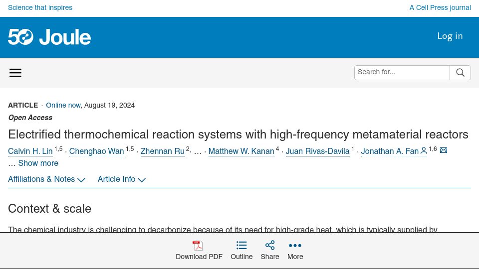 Screenshot of cell.com: Electrified thermochemical systems with high-frequency metamaterial reactors