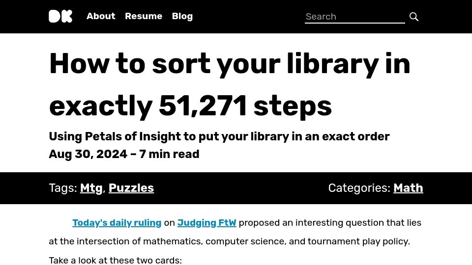 Screenshot of david.kolo.ski: How to sort your library in exactly 51,271 steps