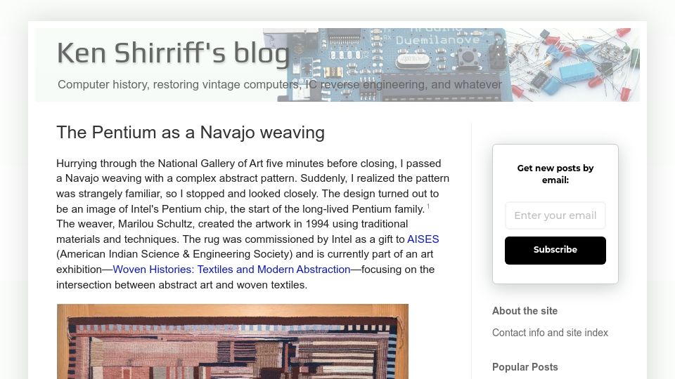 Screenshot of righto.com: The Pentium as a Navajo Weaving