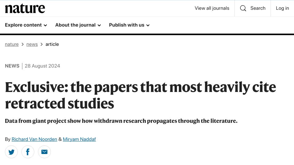 Screenshot of nature.com: The papers that most heavily cite retracted studies