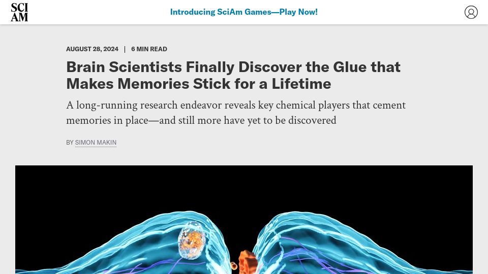 Screenshot of scientificamerican.com: Brain Scientists Discover the Glue That Makes Memories Stick for a Lifetime