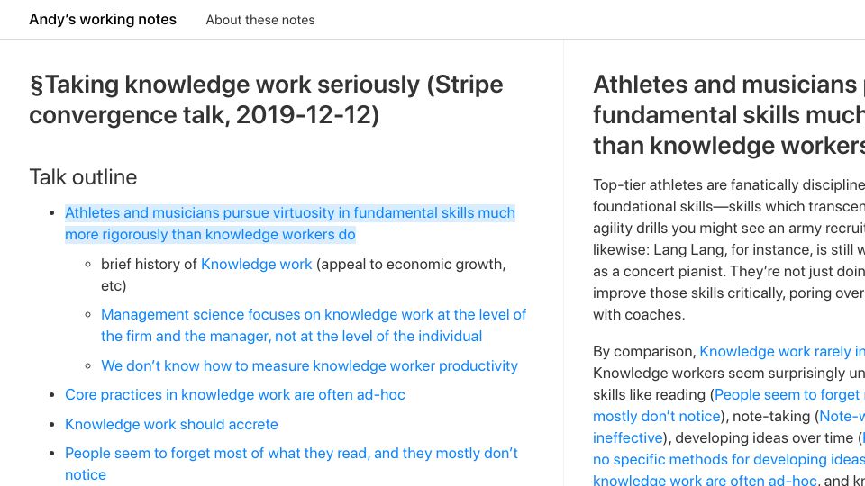 Screenshot of notes.andymatuschak.org: Athletes and musicians pursue virtuosity in fundamental skills