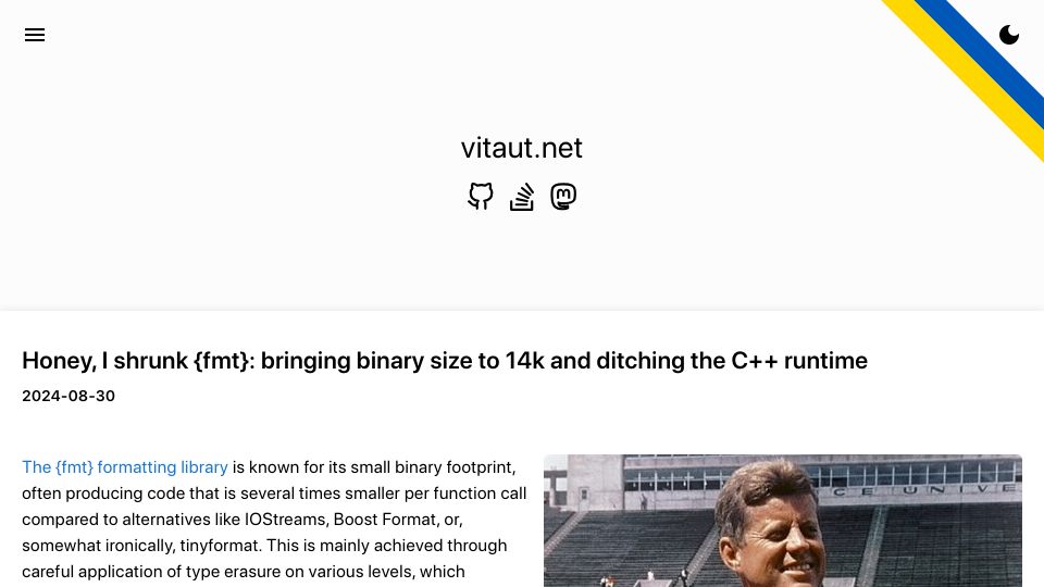 Screenshot of vitaut.net: Honey, I shrunk {fmt}: bringing binary size to 14k and ditching the C++ runtime
