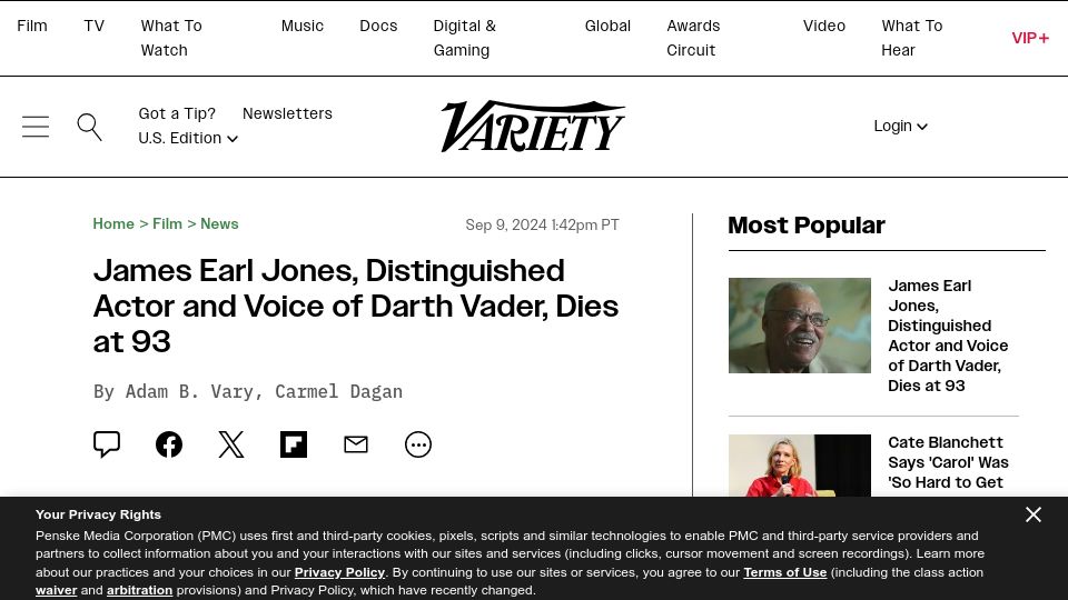 Screenshot of variety.com: James Earl Jones has died