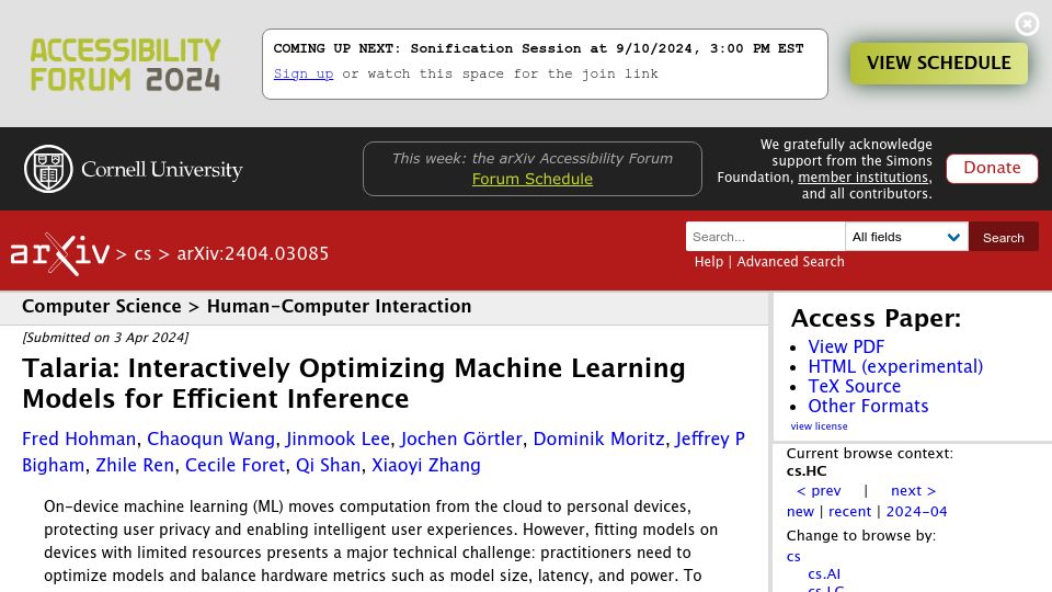 Screenshot of arxiv.org: Talaria: Interactively Optimizing Machine Learning Models for Efficient Inferenc