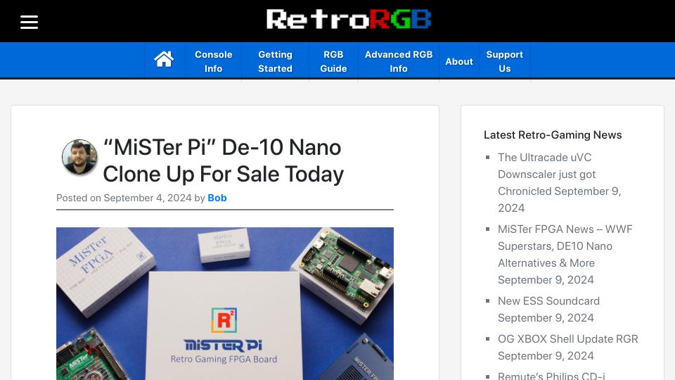 Screenshot of retrorgb.com: Affordable DE10-Nano compatible boards for MiSTer FPGA retro platform