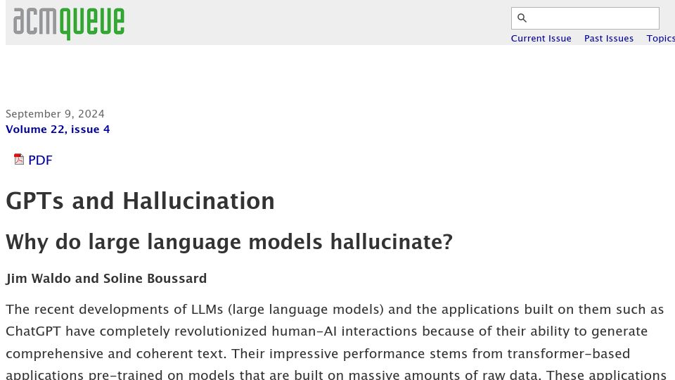 Screenshot of queue.acm.org: GPTs and Hallucination