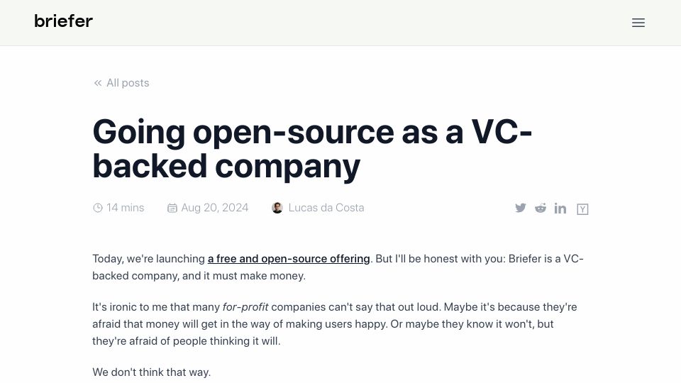 Screenshot of briefer.cloud: Going open-source as a VC-Backed company