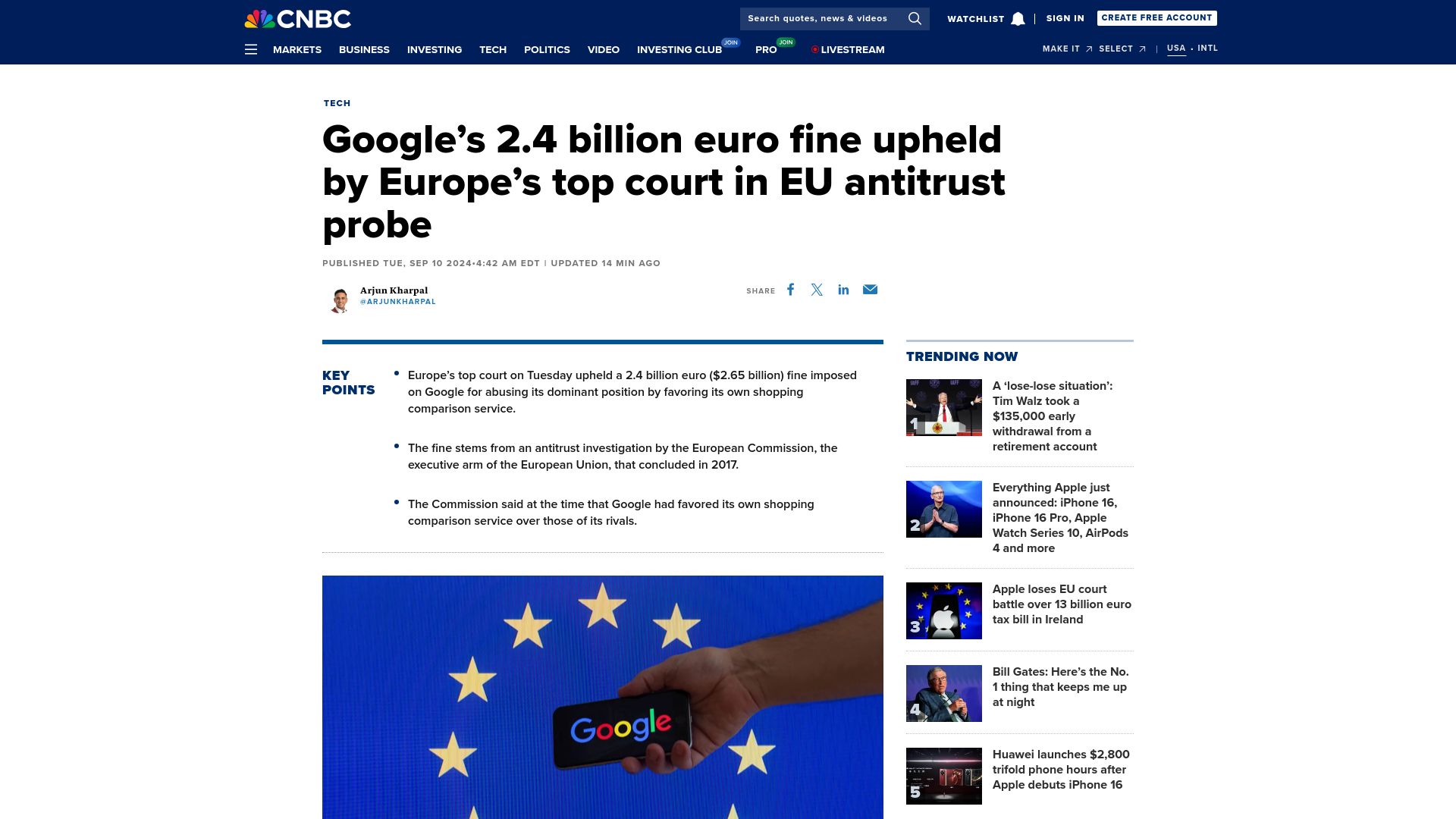 Screenshot of cnbc.com: Google's 2.4B euro fine upheld by Europe's top court in EU antitrust probe