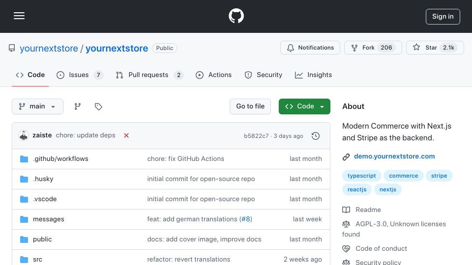 Screenshot of github.com: Show HN: YourNextStore – an open-source Shopify with Stripe as the back end