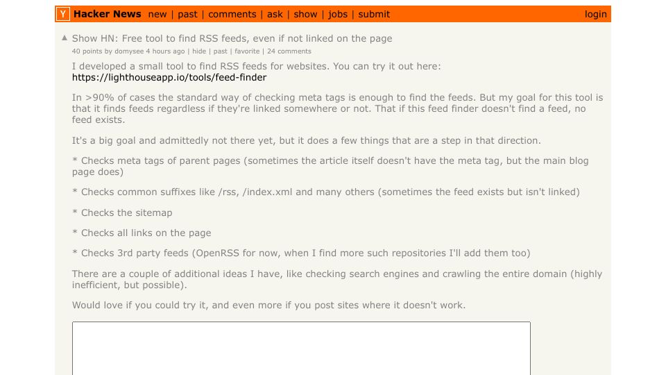 Screenshot of Hacker News post: Show HN: Free tool to find RSS feeds, even if not linked on the page