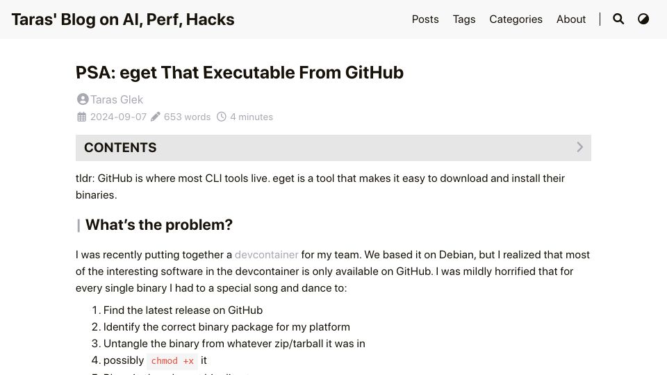 Screenshot of taras.glek.net: PSA: Eget That Executable from GitHub