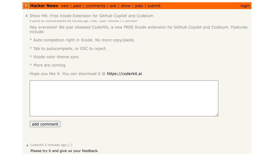 Screenshot of Hacker News post: Show HN: Free Xcode Extension for GitHub Copilot and Codeium
