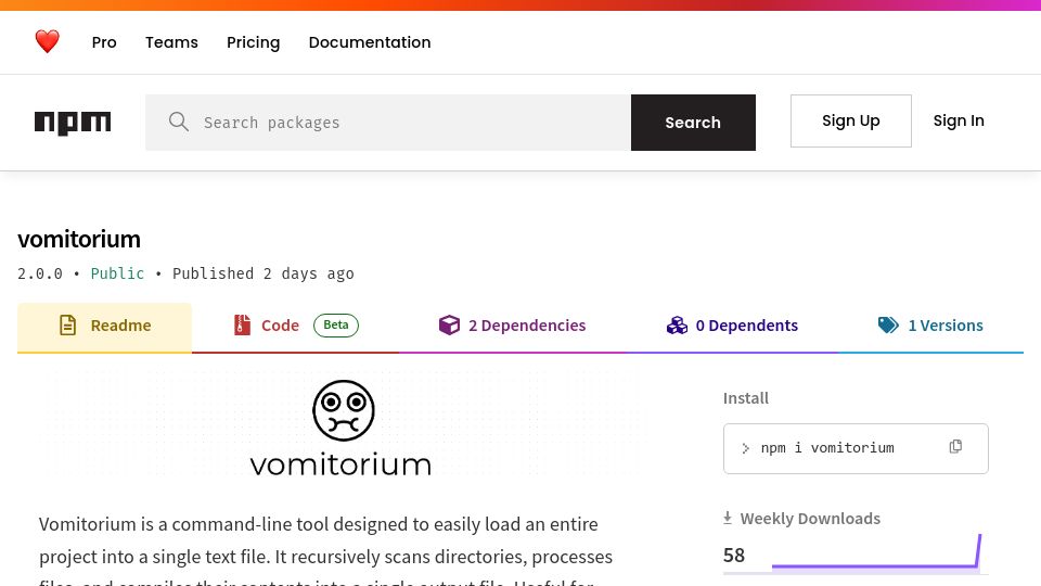 Screenshot of npmjs.com: Show HN: Vomitorium – all of your project in 1 text file