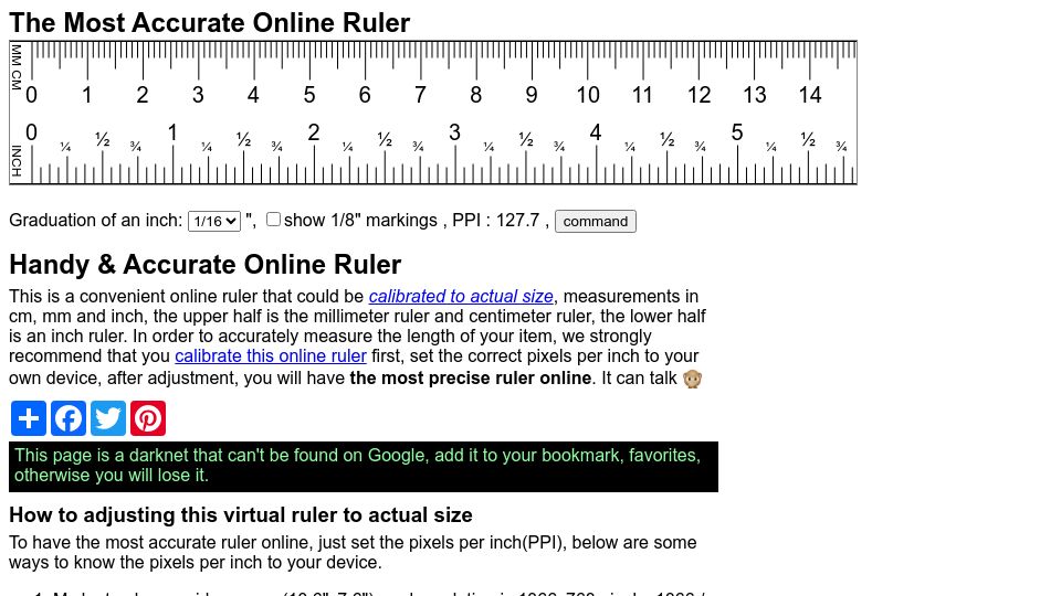 Screenshot of ginifab.com: Actual Size Online Ruler (Mm,Cm,Inches) – Screen Measurements
