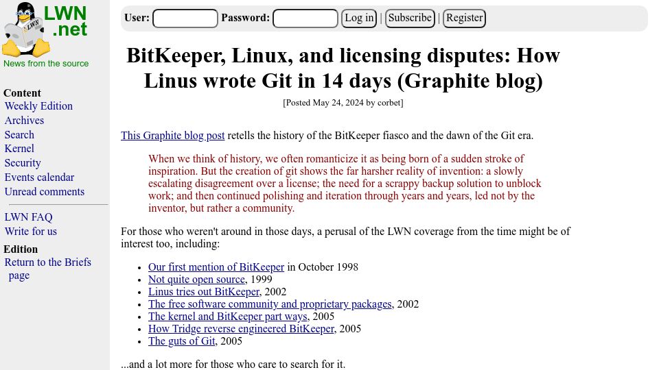 Screenshot of lwn.net: BitKeeper, Linux, and licensing disputes: How Linus wrote Git in 14 days