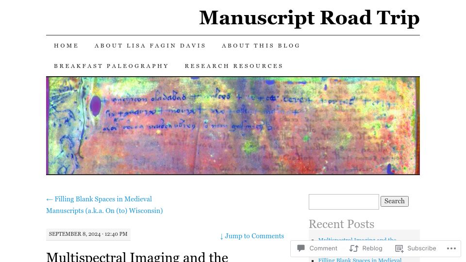 Screenshot of manuscriptroadtrip.wordpress.com: Multispectral Imaging and the Voynich Manuscript