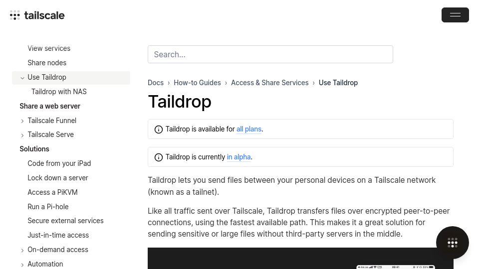 Screenshot of tailscale.com: Taildrop lets you send files between your personal devices on Tailscale network