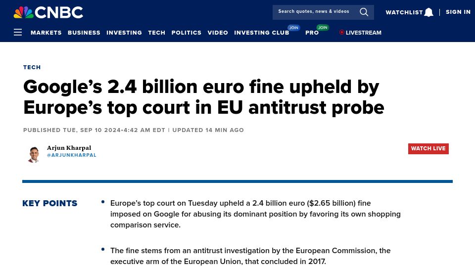 Screenshot of cnbc.com: Google's 2.4B euro fine upheld by Europe's top court in EU antitrust probe