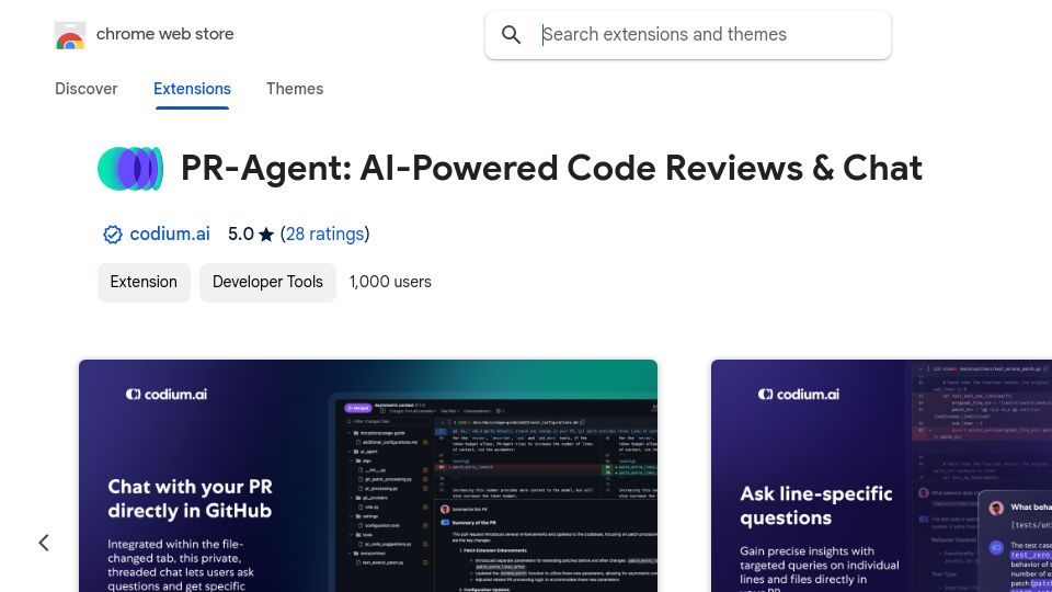Screenshot of chromewebstore.google.com: PR-Agent — extension that adds AI chat to code reviews on GitHub