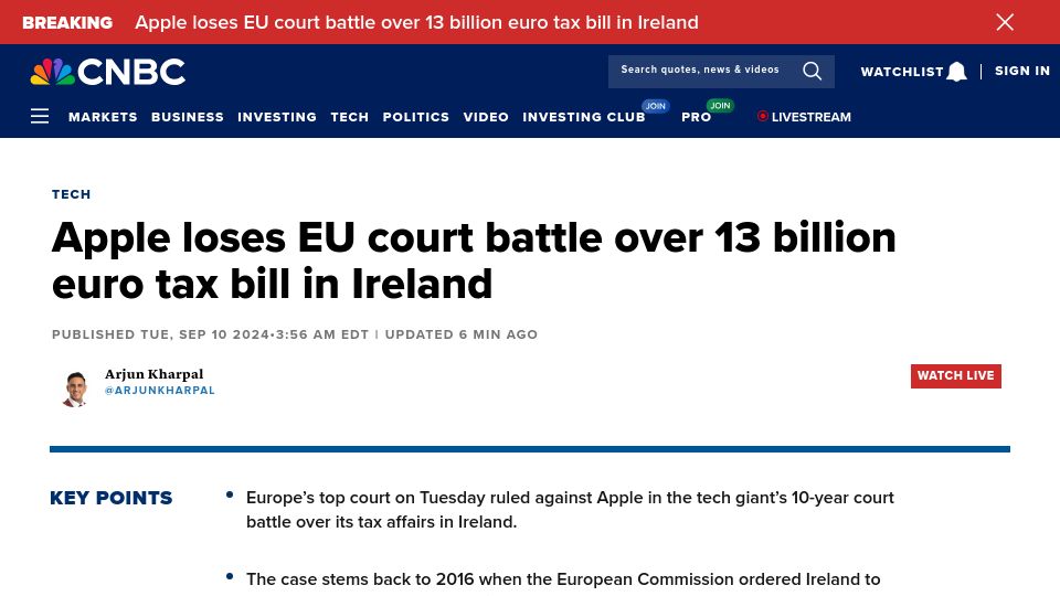 Screenshot of cnbc.com: Apple must pay 13B euros in back taxes, EU's top court rules