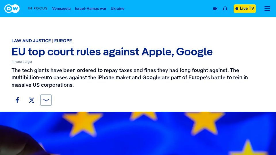 Screenshot of dw.com: EU top court confirms Apple's €13 billion tax bill in the EU