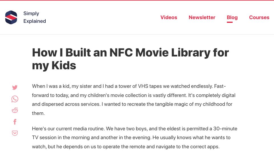 Screenshot of simplyexplained.com: An NFC movie library for my kids