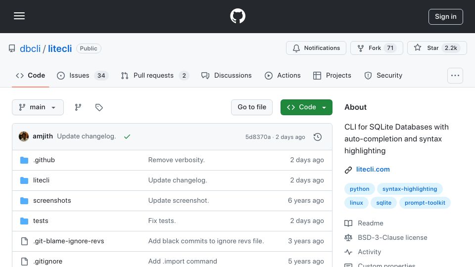 Screenshot of github.com: Litecli: CLI for SQLite Databases with auto-completion and syntax highlighting