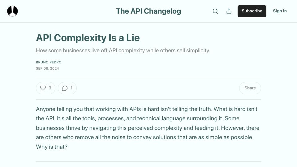 Screenshot of apichangelog.substack.com: API Complexity Is a Lie